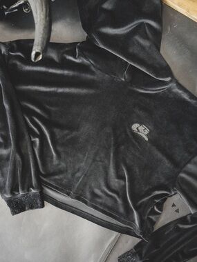Black Velour Hooded Sweatshirt with Subtle Logo